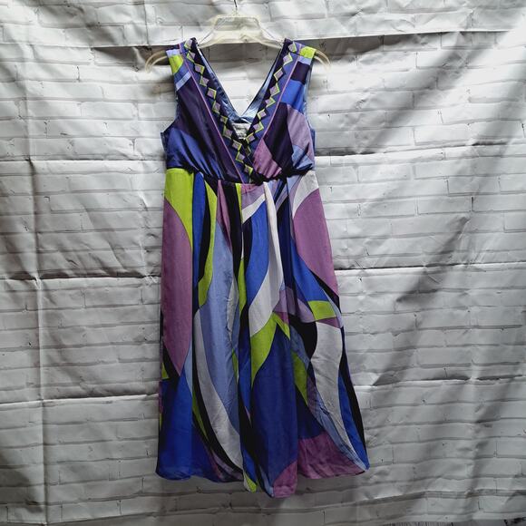 Donna Morgan Lavender Lt Blue Purple White Lime V-Neck Sleeveless Midi Dress 4 - Picture 1 of 5